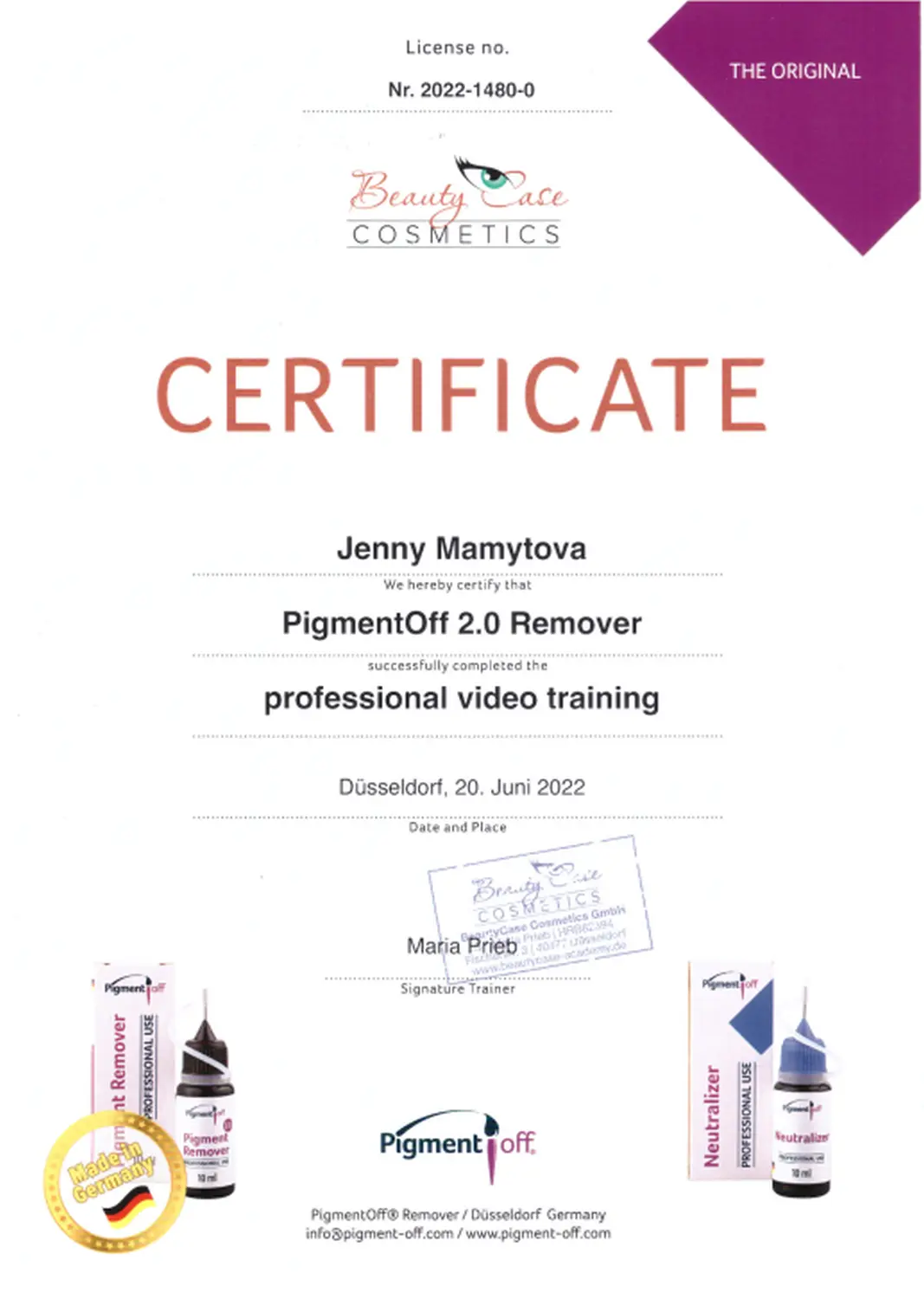 Permanent Pro by Jenny Mamytova - Zertifikat