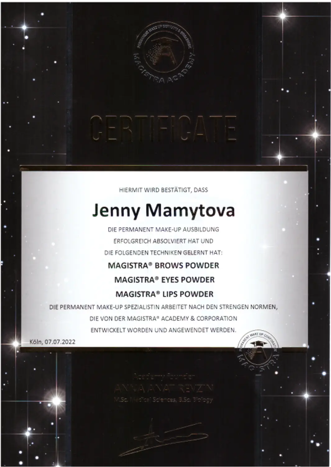 Permanent Pro by Jenny Mamytova - Zertifikat